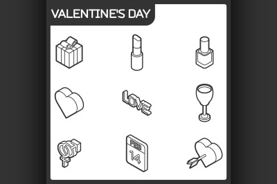 Valentines day color outline isometric icons