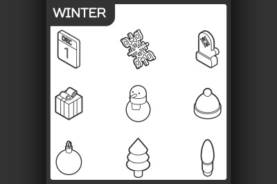 Winter outline isometric icons