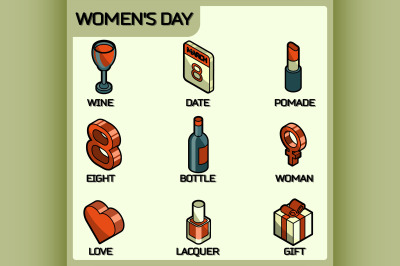 Womens day color outline isometric icons
