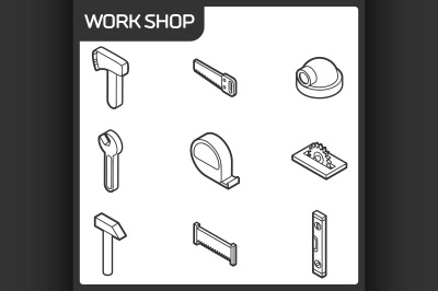Work shop outline isometric icons
