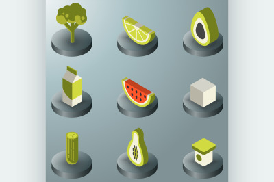 Vegan life color isometric icons set