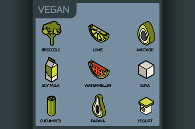 Vegan life color outline isometric icons set