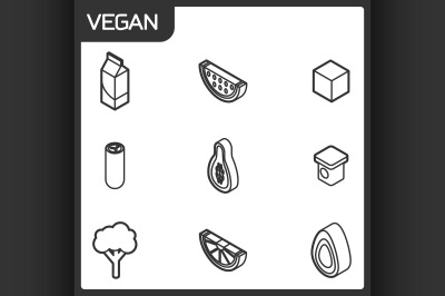 Vegan life outline isometric icons set