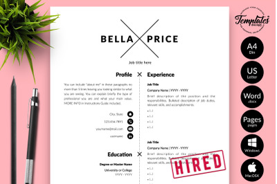 Simple Resume CV Template for Microsoft Word &amp; Apple Pages Bella Price