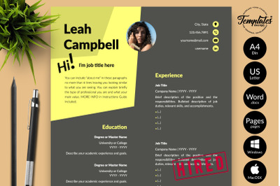 Modern Resume Template for Microsoft Word &amp; Apple Pages Leah Campbell
