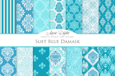 28 Soft Blue Damask Digital Paper Bundle
