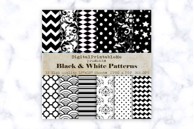 Black &amp; White Digital Paper, Black Pattern, Scrapbook pack, Patterned