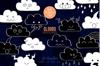 Clouds White Kawaii | Hand Drawn Weather, Rainbow, Moon, Lightning