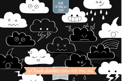 Clouds White Kawaii | Hand Drawn Weather, Rainbow, Moon, Lightning