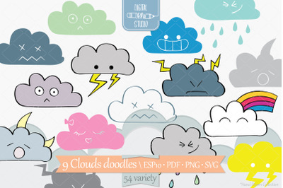 Clouds Colored Kawaii | Hand Drawn Weather, Rainbow, Moon, Lightning