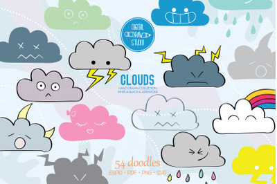 Clouds Colored Kawaii | Hand Drawn Weather, Rainbow, Moon, Lightning