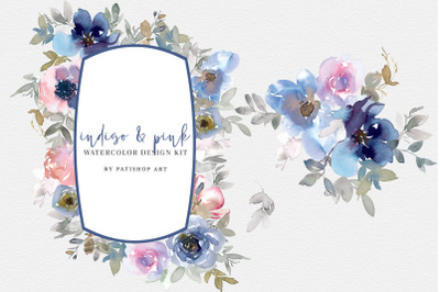 Indigo and Pink Watercolor Floral Clipart Set