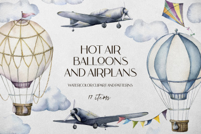 Hot air balloons and airplanes. Watercolor clipart