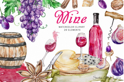 Watercolor Wine and Grape Clipart