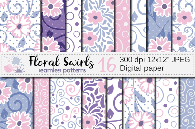 Floral swirls blue, pink, purple seamless digital paper