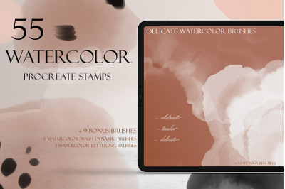 Delicate Watercolor Procreate Brush Set, 55 Realistic Watercolor Stamp