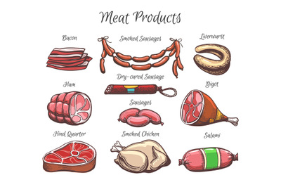 Meat Products Hand Drawn Color Illustration