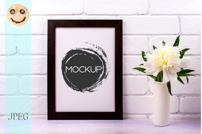 Black brown  poster frame mockup with white peony