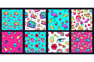 Seamless 90s pattern. Retro 80s pop fashion patterns with funky doodle