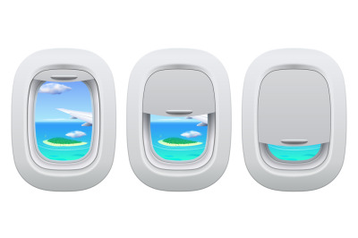 Airplane porthole view. Plane open and closed window inside view for i