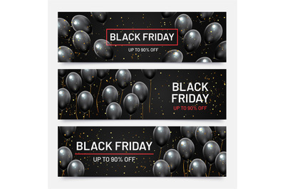 Black friday sale horizontal banners set. Flying glossy balloons with