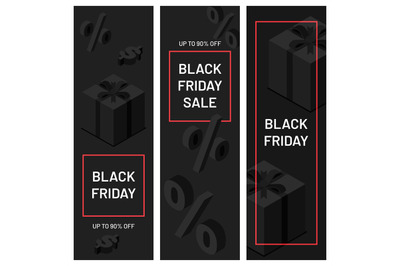 Black friday minimalistic banners. Black gift boxes with ribbons with