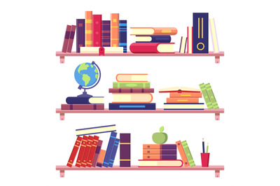 Book shelves with stack of books and other objects as binder, globe, a