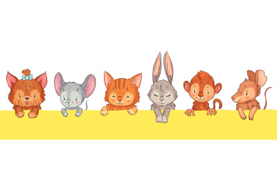 Cartoon animals looking out. Cute dog with bow&2C; mouse&2C; cat and rabbit&2C;