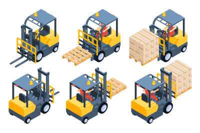 Forklift truck, storage equipment, storage racks, pallets with boxes.