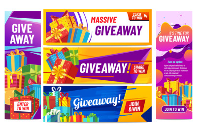 Giveaway colorful banners. Giving gifts, present boxes with ribbons. W