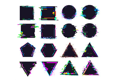 Glitch black frames of different shape. Distorted signal, square and r