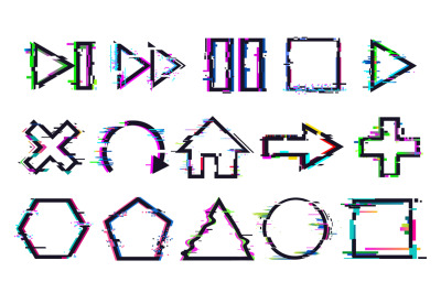 Glitch buttons. Music and game control icons with distorted effect. Pl