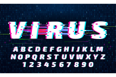 Glitch font. Letters and numbers with digital noise. Distorted alphabe