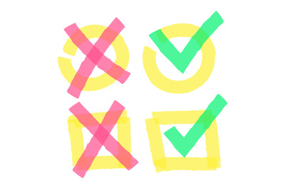 Color highlight marker check marks. Doodle bright green ticks and red