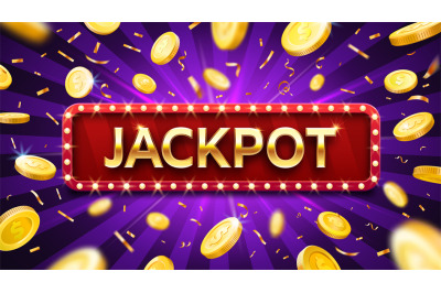 Jackpot banner with falling gold coins and confetti. Casino or lottery