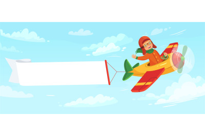 Kid on airplane with banner. Child pilot flying in plane among clouds