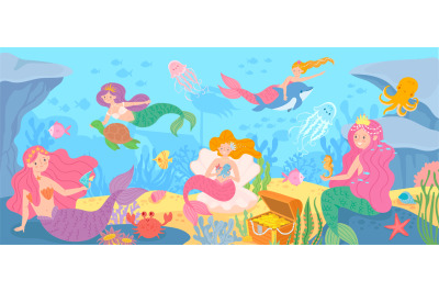 Underwater with mermaids. Seabed with mythical princesses and sea crea