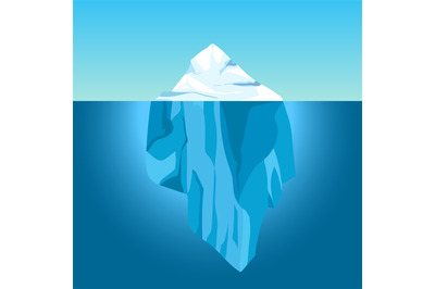 Cartoon iceberg in water. Big iceberg floating in ocean with underwate