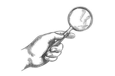 Engraved hand holding magnifying glass. Retro hand drawn detective mag