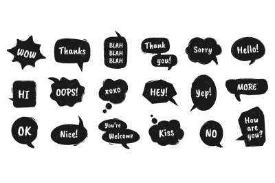 Textured speech bubble. Doodle drawn balloons with chat dialog words f