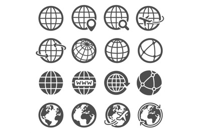 Earth globe icons. Worldwide map spherical planet, geography continent