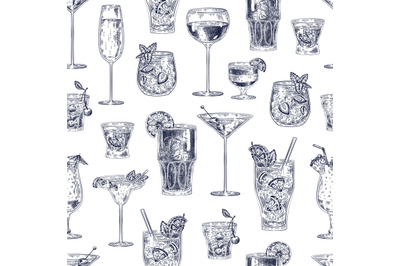 Cocktail seamless pattern. Hand drawn alcohol drinks cocktails with di