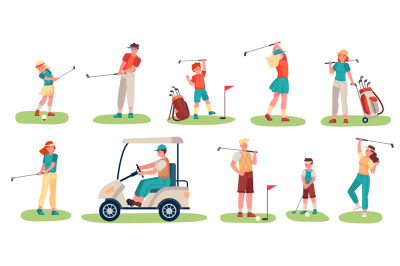 Golf players characters. Men, women and children playing golf on green