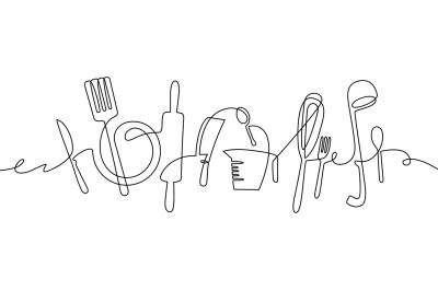 Kitchen tools. Continuous one line drawing kitchen utensils, cooking t