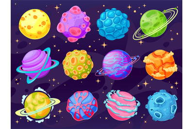 Fantasy cartoon planets. Multicolor cosmic planet objects for game des