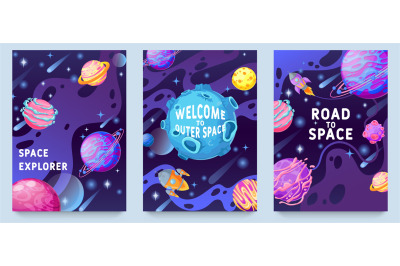 Fantasy planets kids posters. Multicolor cosmic objects, space galaxy