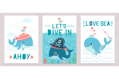 Whale card. Cute marine animals blue whales, happy orca for baby showe