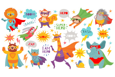 Superhero animals. Cute hero animals with capes and playful masks&2C; bra