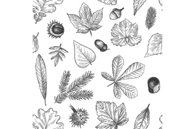 Autumn leaves seamless pattern. Hand drawn fallen leaf, acorns, cones