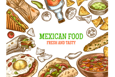 Mexican food. Hand drawn traditional mexican tequila and dishes, burri